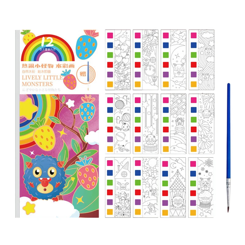 12 Sheets/Set Portable Watercolor Painting Book Coloring Book With Paint Brush Book Kids Graffiti Picture Drawing Stationery Oasis Select StyleE