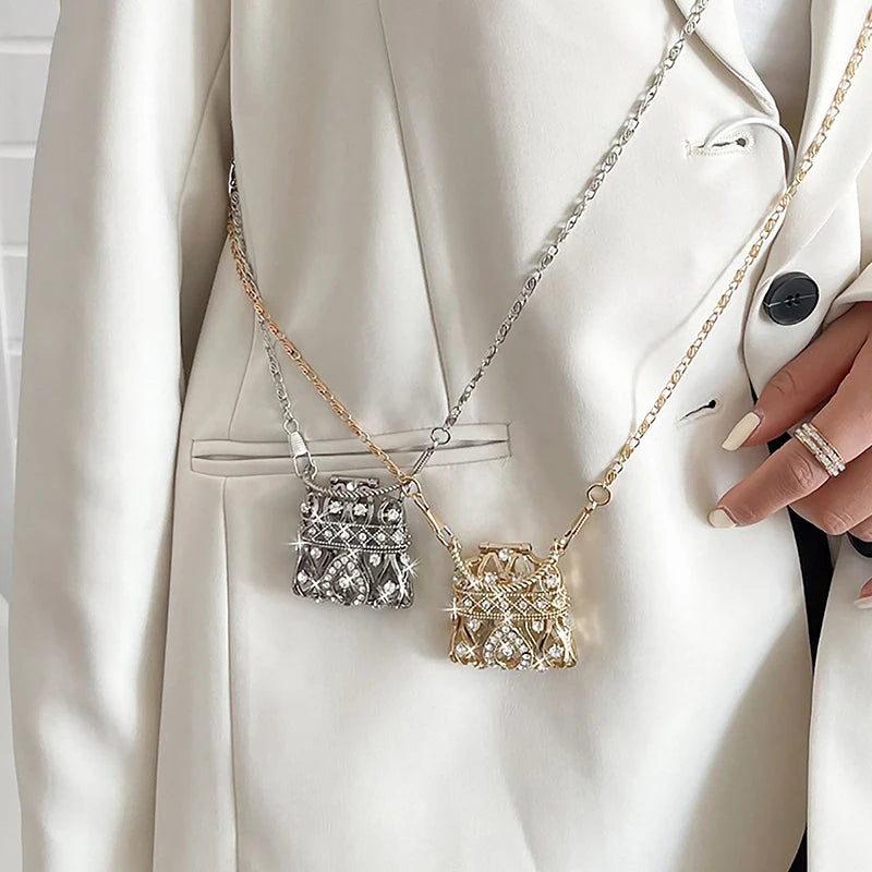Gold Silver Rhinestone Mini Bag Women's Single Shoulder Crossbody Chain Bag Handbag Body Decoration Metal Hollow Shell Bag Oasis Select