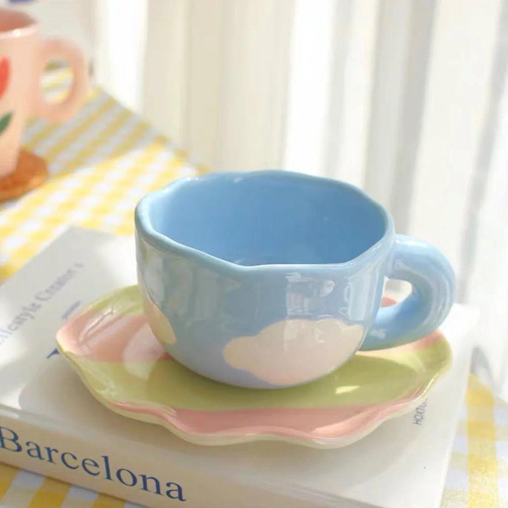 180Ml Handmade Ceramic Coffee Cup and Saucer for Afternoon Tea Milk Cup and Saucer Latte Cup Dessert Plate Creative Gift Oasis Select 180ml Cloud
