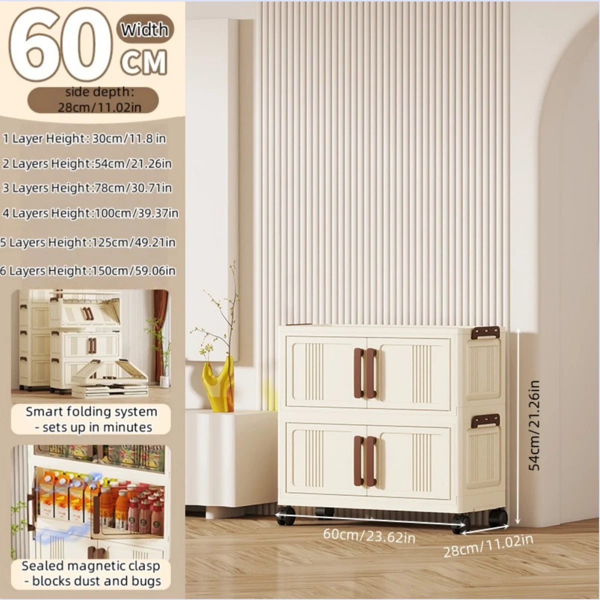 Foldable storage cabinet - movable multi-level double-door storage cabinet - living room and kitchen transparent storage box Oasis Select 2 Tier Cream
