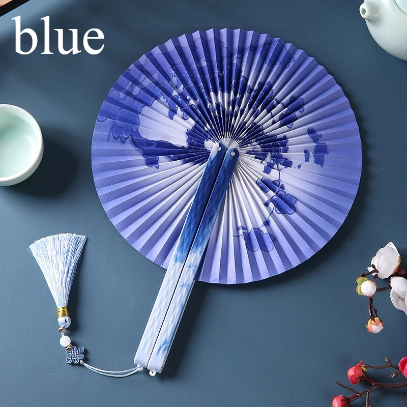 Folding Long-Handle Paper Hand Fan with Tassels, Compact Women's Pocket Fan with Magnetic Closure, Easy to Store and Carry Oasis Select Blue