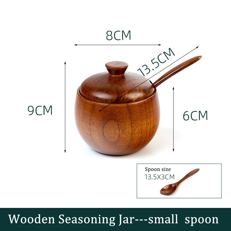 Wooden Seasoning Jar Creative Kitchen Retro Salt Sugar Pot Seasoning Storage Jar With Lid Spoon Wooden Tray Storage Containers Oasis Select 1pc small