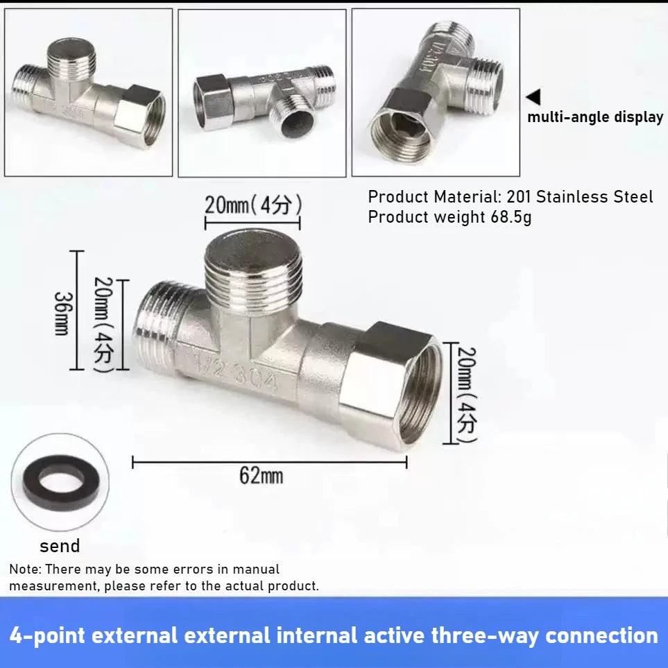 Stainless Steel G1/2 3 Way T-Adapter Bathroom Shower Faucet Water Splitter Toilet Shower Valve Spray Nozzle Converter Oasis Select 4 Out out in active 1pcs