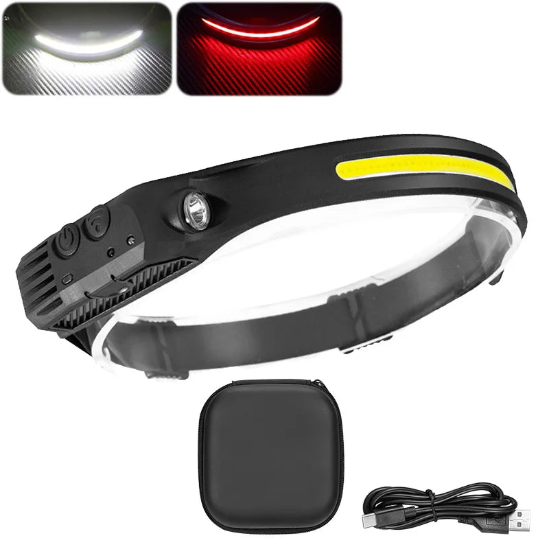 COB LED Headlamp Induction Head Lamp Built-in Battery USB Rechargeable Head Flashlight Outdoor Camping Fishing Sensor Headlight Oasis Select 1PC with Bag