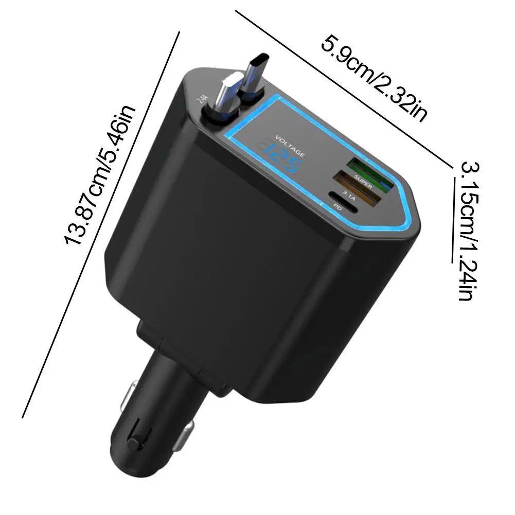 120W 4-in-1 Fast Car Charger – Retractable Cable & 2 USB Ports Car Charger Adapter Oasis Select