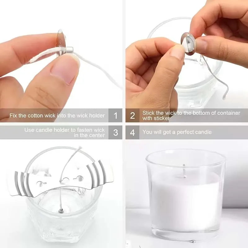 1Roll Cotton Candle Wick Roll,2 Metal Holders,60 Stickers 100Pcs Metal Candle Wick Sustainer Tabs for DIY Craft Candle Making Oasis Select
