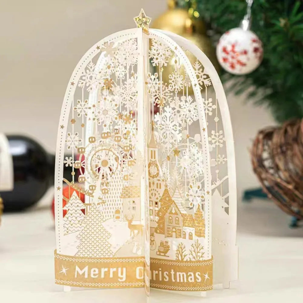 3D Pop-Up Christmas Card with Envelope – Gold Paper Carving