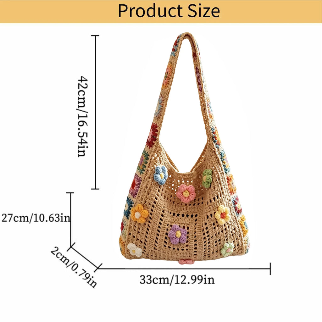 Boho Crochet Bag Flowers Knitted Handbags Large Capacity Summer Beach Woven Shoulder Bag Girls Tote Shopper Bags Handbags Lady Oasis Select Khaki