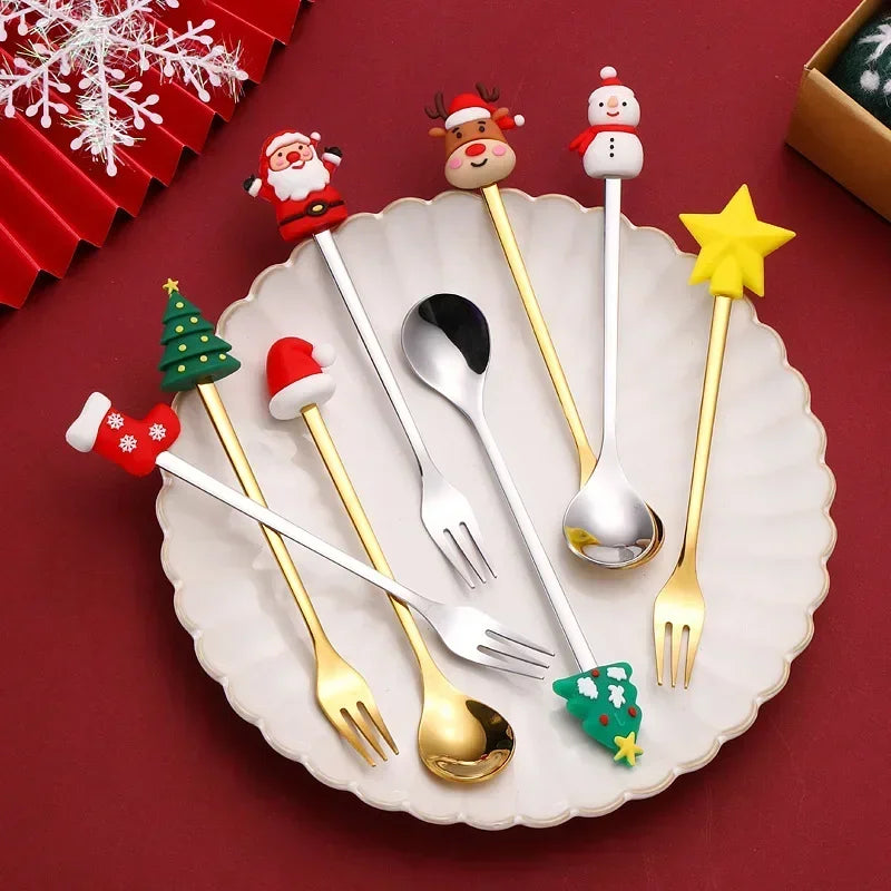 4/6PCS Coffee Spoons and Forks Set Creative Stainless Steel Fruit Fork Coffee Spoon Christmas Gifts for Kids Red/Green Gift Box Oasis Select