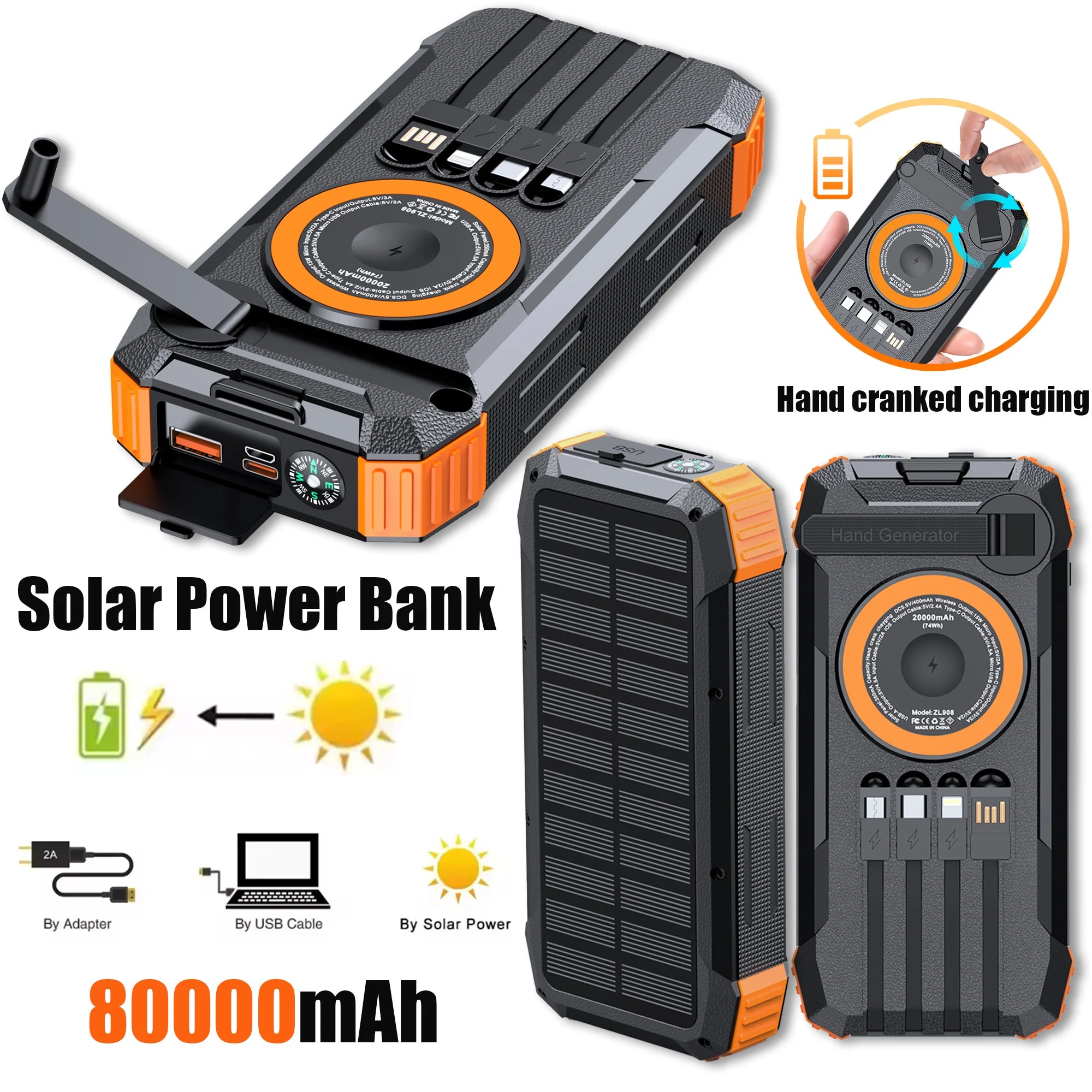 Hand Crank Solar Power Bank 80000mAh 22.5W Magnetic Wireless Fast Charging with Light & Compass for iPhone iWatch Airpods Oasis Select