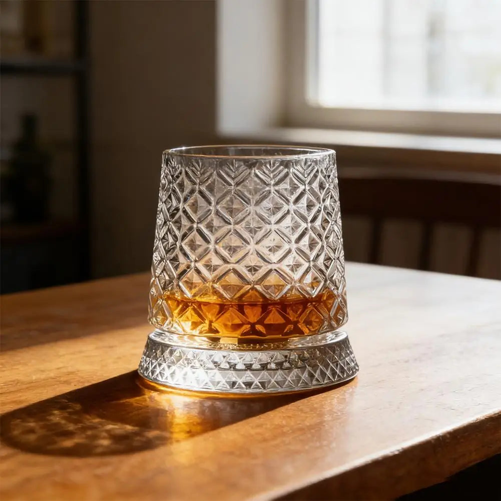 280ml Glass Cup with Base Crystal Rum Whiskey Rotating Glass Mug Diamond Cut Ice Flower Bubble Pattern Spinner Cup Business Gift Oasis Select
