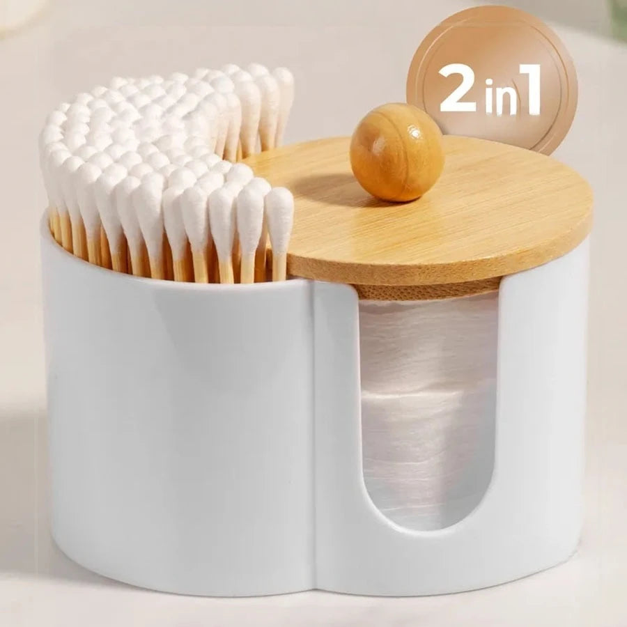 2-in-1 Clear Cotton Pad Swab Organizer Bamboo Lid Dual Compartment Space Saving Bathroom Vanity Storage Box with Bamboo Cover Oasis Select WHITE
