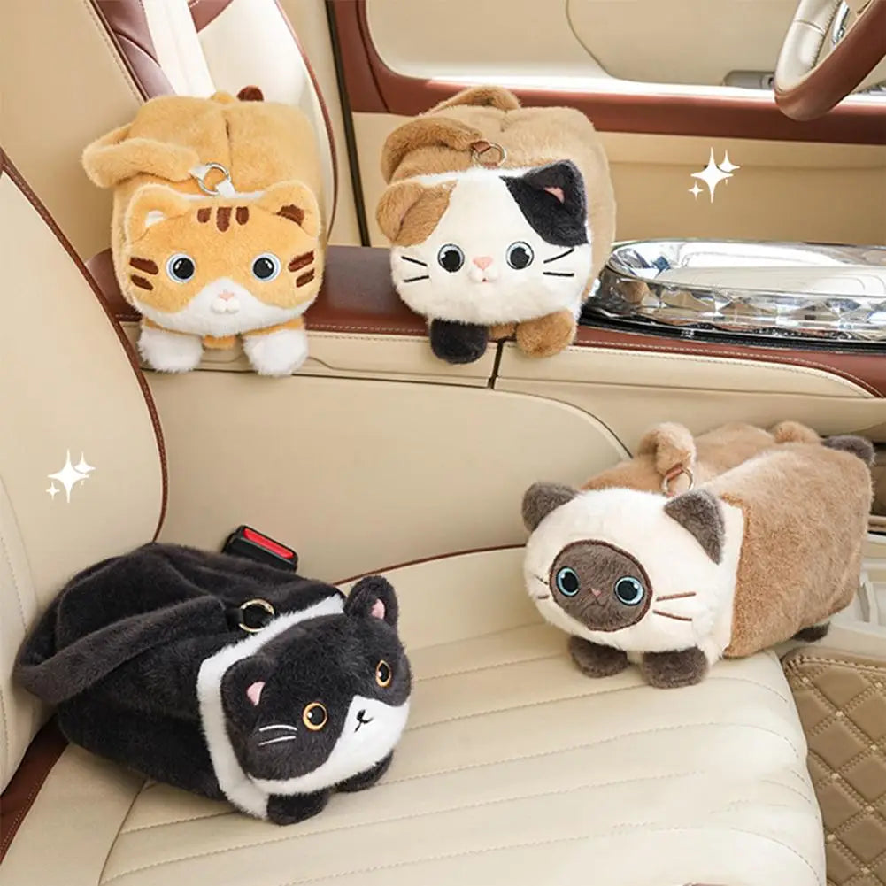 Cute Cat Plush Car Tissue Box Holder – Hanging Dispenser