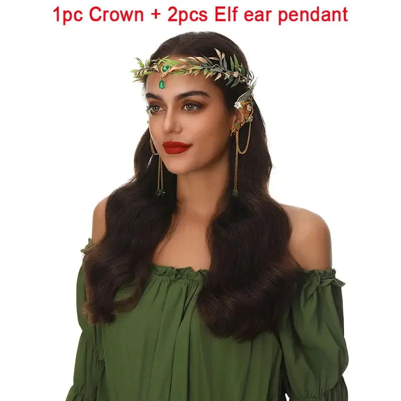 Retro Elf Crown Fairy Leaf Tiara Elf Ears Pendant Forest Garland Women Elven Princess Headpiece Wedding Halloween Hair Jewelry Oasis Select 3