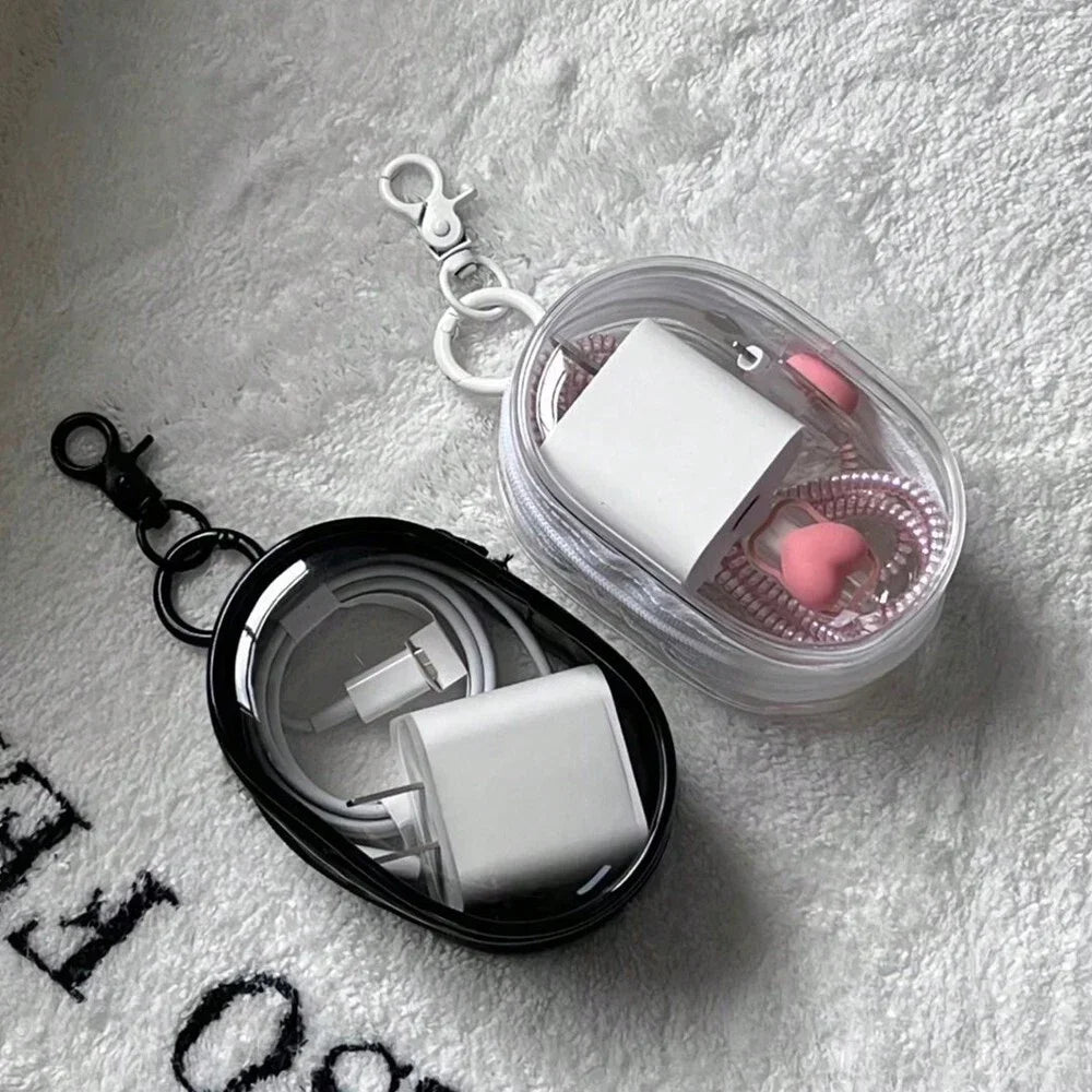 Portable Mini Transparent Storage Bag with Zipper, Multifunctional Headphone and Charger Case, Travel Accessories with Keychain Oasis Select