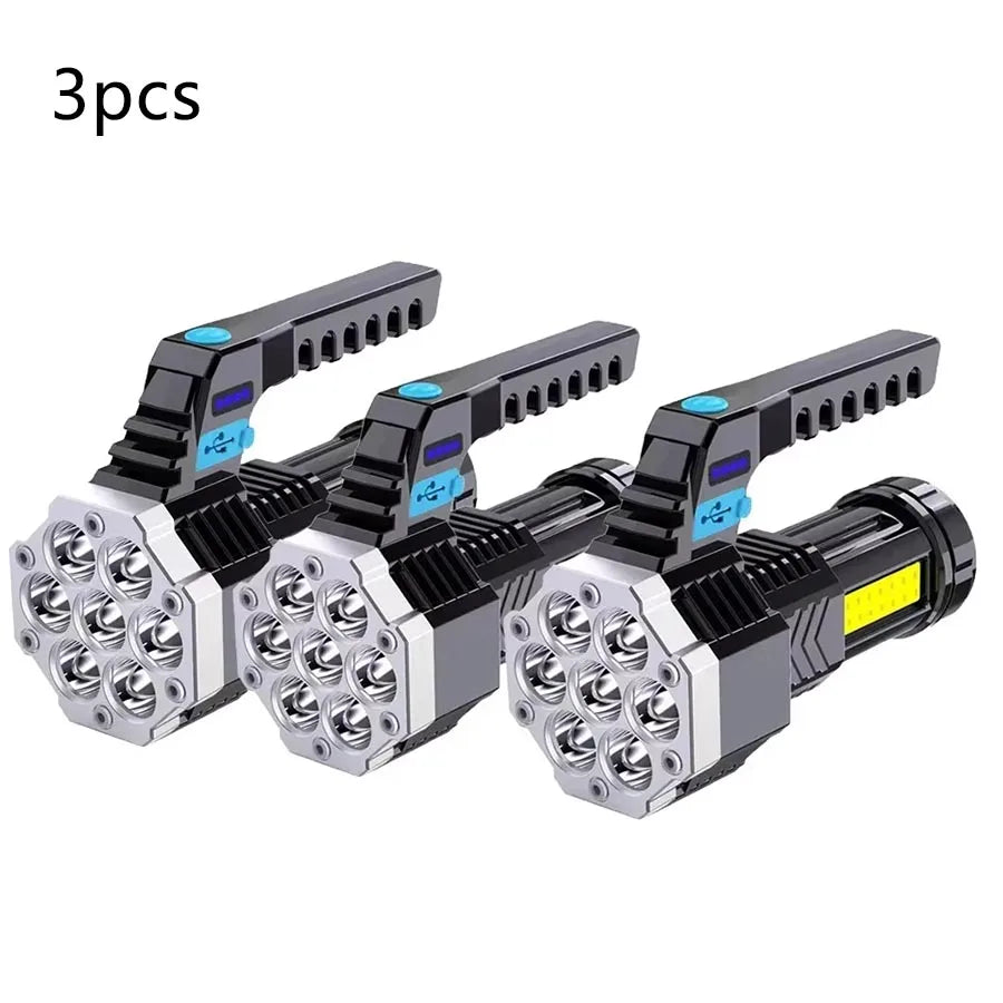 High Power Rechargeable Led Flashlights 7LED Camping Torch With Cob Side Light Lightweight Outdoor Lighting ABS Material Oasis Select 3PCS