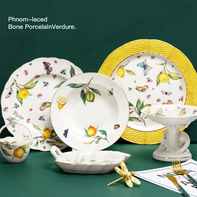 European Lemon Pattern Ceramic Dinner Steak Plate Bowl Fruit Candy Dim Sum Western Cuisine Plate Dishes Home Breakfast Plate Oasis Select