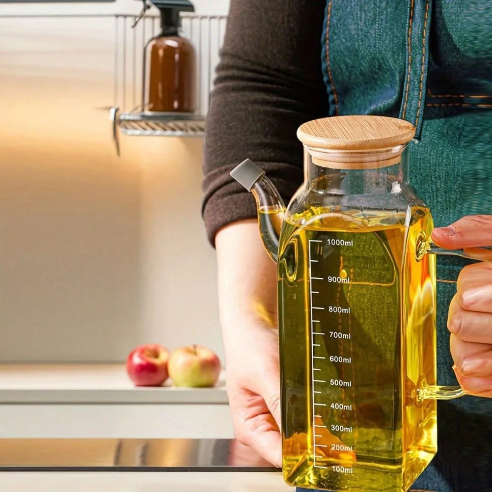 Glass Oil Pot 1000ml Large Capacity Vinegar Pot with Lid with Measurement Markings Hand Wash Only -Home Use Kitchen Accessories Oasis Select