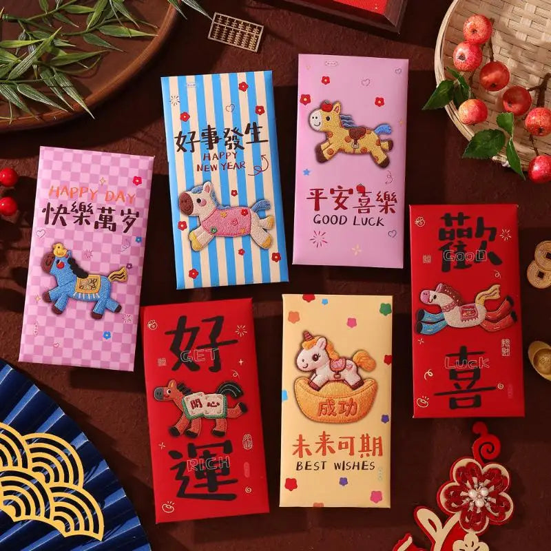 6Pcs Cartoon Three Dimensional Imitation Embroidery The Year Of The Horse Red Envelope New Year Festival Envelope Oasis Select A1