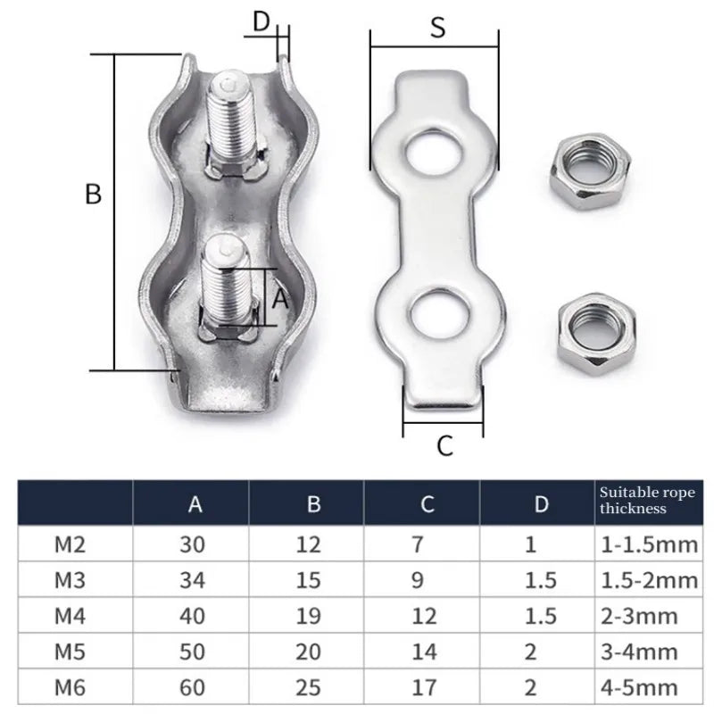 1Pcs M2-M6 Stainless Steel Double Post Bolt Clip Wire Rope Cable Clamp Caliper Rope Simple Grip DIY Cable Fastener Hardware Oasis Select