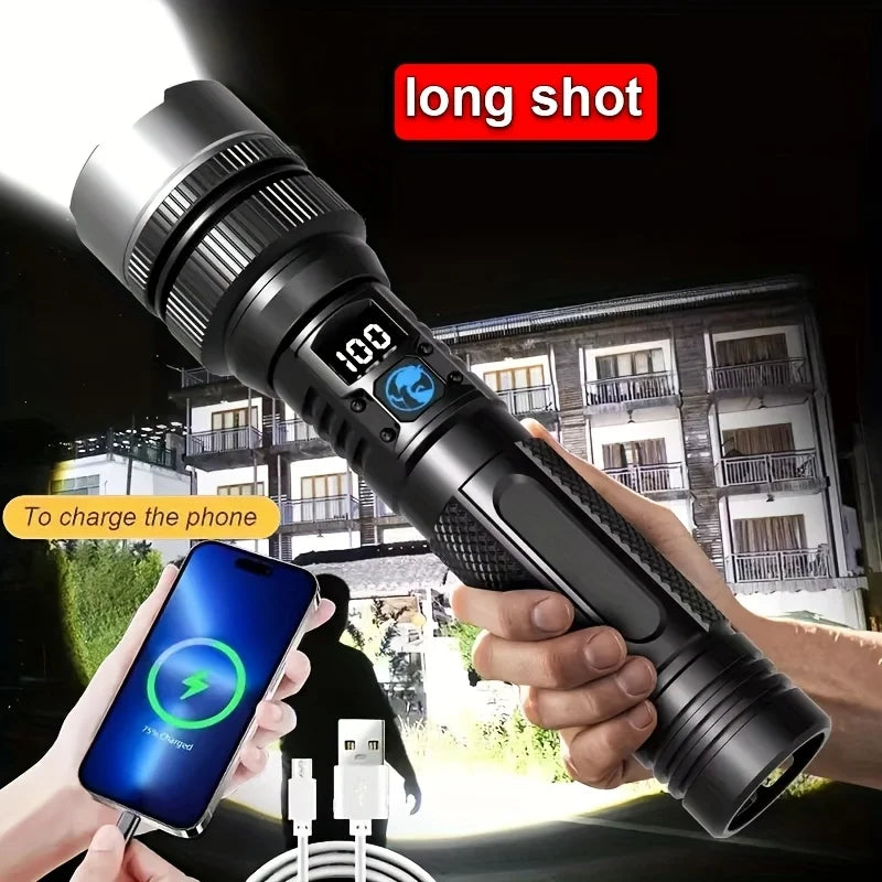 1/2PCS High-Power Flashlight Zoomable Focus Torch USB Rechargeable Flashlights with Strip LCD Smart Power Display for Outdoorr Oasis Select