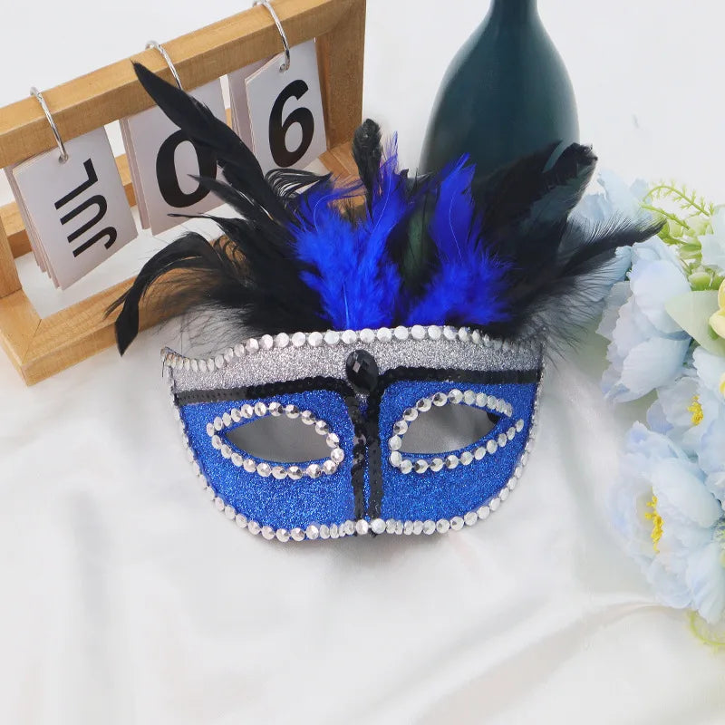 Halloween Phoenix Tail Feather Mask Rhinestones Glitter Half Face Masks Sexy Masquerade Ball Eye-Mask Cosplay Costume Party Deco Oasis Select Blue