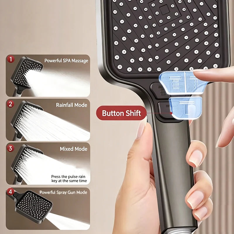 4-Mode Square Handheld Showerhead – High Pressure & Rainfall