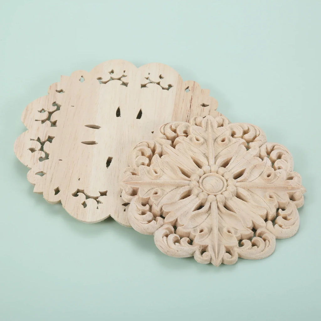 1 PC Retro Woodcarving Unpainted Solid Wood Round Applique Decorative Engraving Furniture Decoration for Wall Door Windows Oasis Select