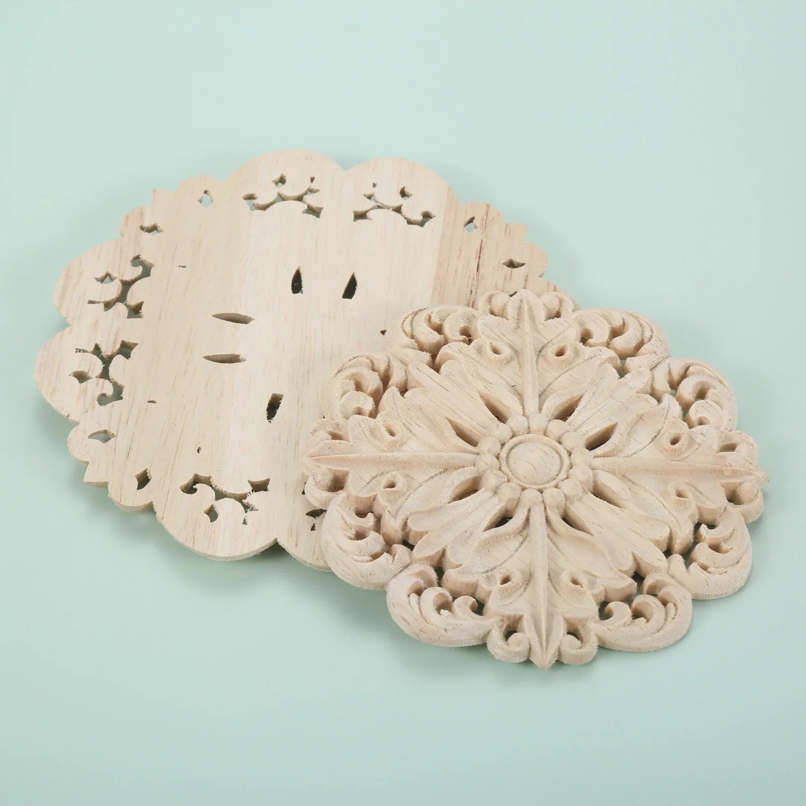 1 PC Retro Woodcarving Unpainted Solid Wood Round Applique Decorative Engraving Furniture Decoration for Wall Door Windows Oasis Select