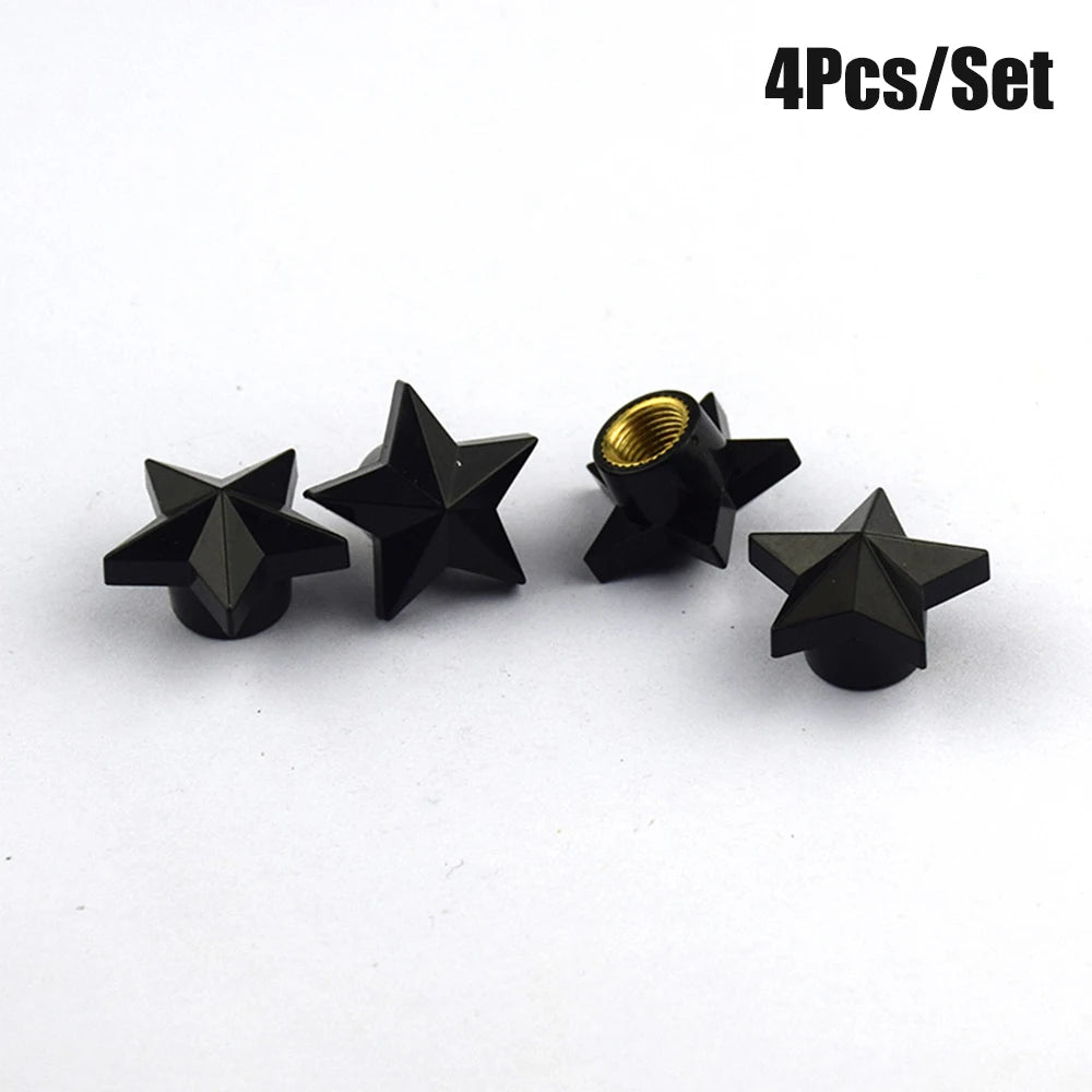 AQTQAQ 4Pcs/Set Tire Stem Valve Caps Universal Pentagram Shaped Wheel Tyre Air Valve Stem Caps Dust Covers Oasis Select Black