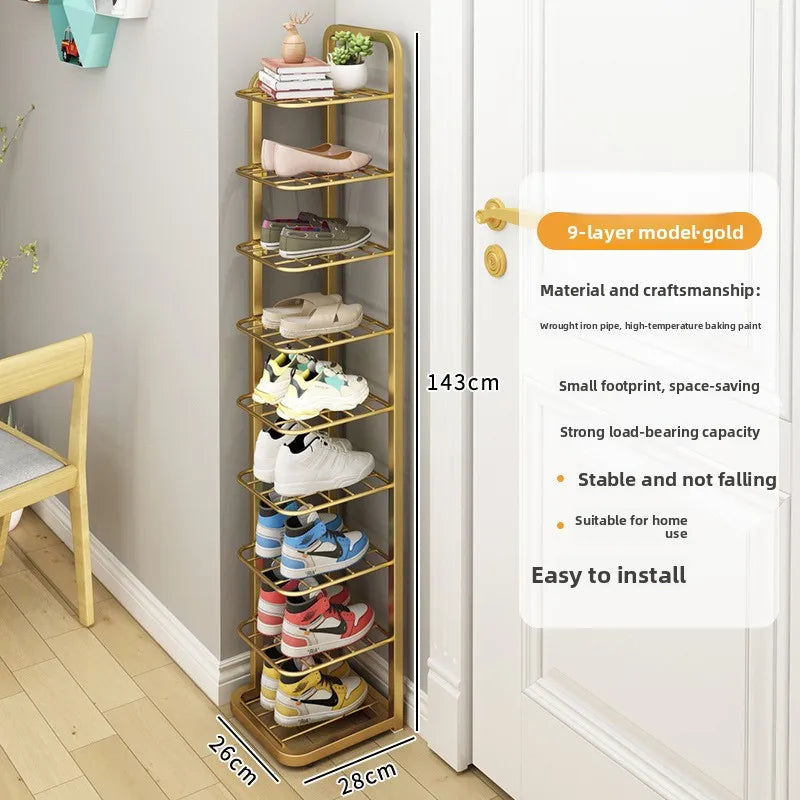 Wrought iron shoe rack, simple multi-layer dust-proof shoe cabinet, narrow and mical corner shoe rack in dormitory Oasis Select 9-Champagne Gold