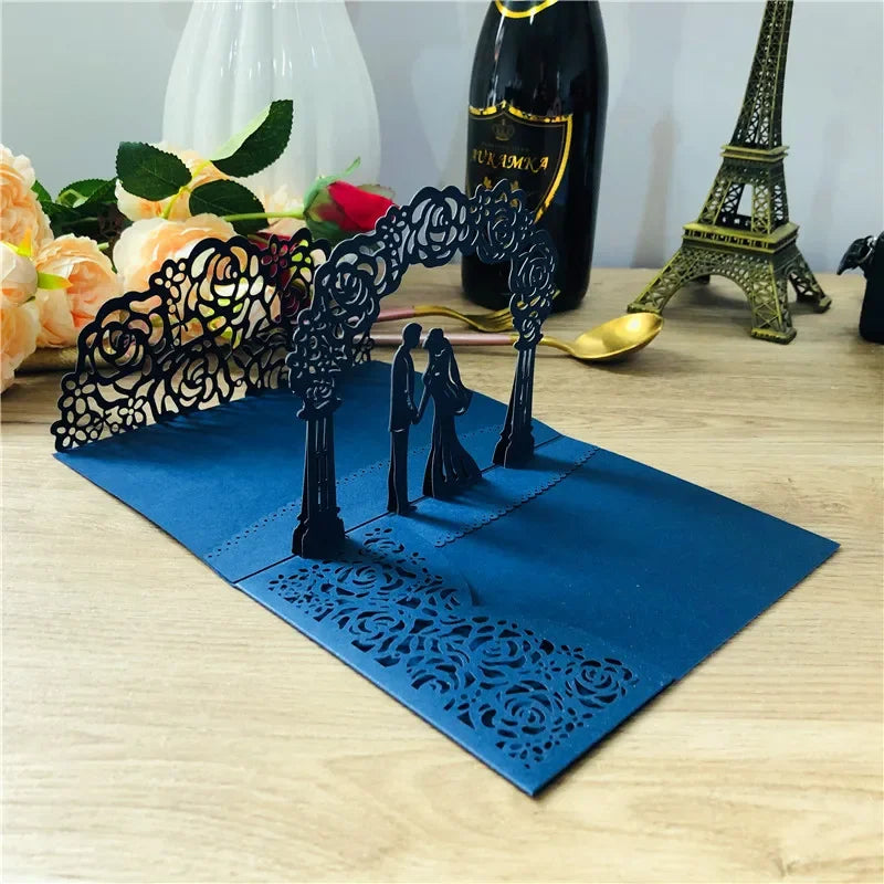 3D Bride and Groom Rose Gold Pop Up Wedding Invitations Laser Cut Greeting Cards Envelope Bridal Shower Invitation Cards Oasis Select Navy