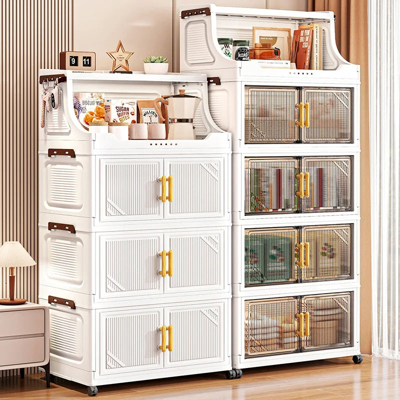 Large Foldable Flip-Top Transparent Storage Cabinet with Wheels - Space-Saving Mobile Organizer for Kitchen Bedroom Living Room Oasis Select