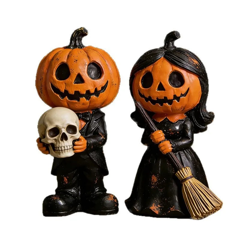 2 pieces of best-selling new Halloween pumpkin couple resin statues, broom Gothic-style statue decorative item Oasis Select