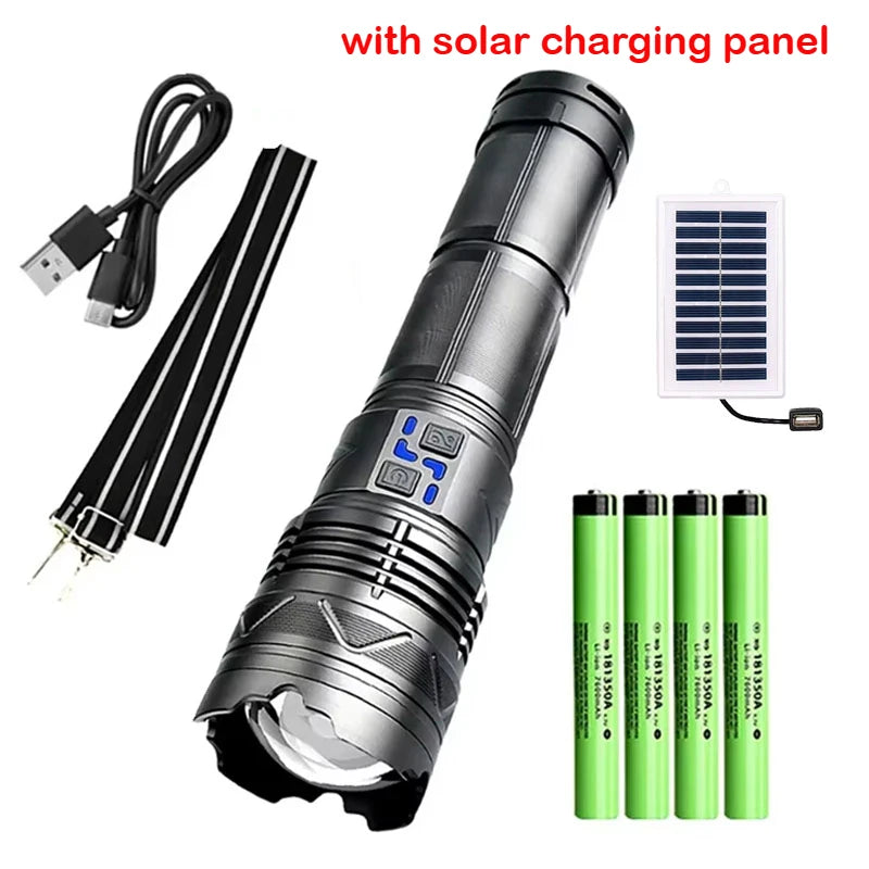 Powerful LED Flashlight Super Bright Spotlight Long Range Zoomable Emergency Lantern Outdoor Camping Torch Power Display Oasis Select Bwith solar charging