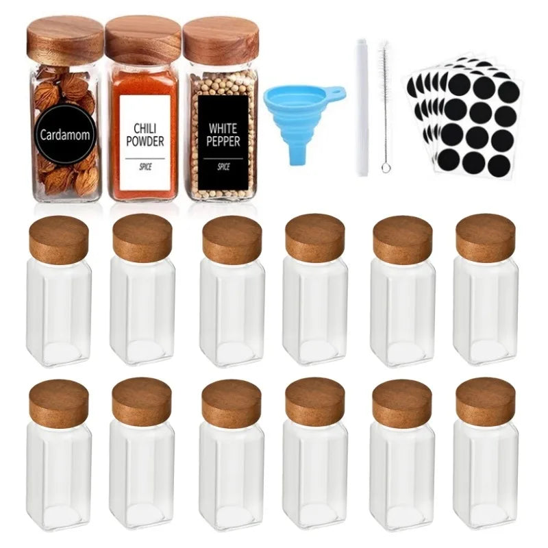 12pcs Spice Jars with Labels Thickened Glass Seasoning Containers with Bamboo Lids Sealed Seasoning Bottles with Silicone Funnel Oasis Select