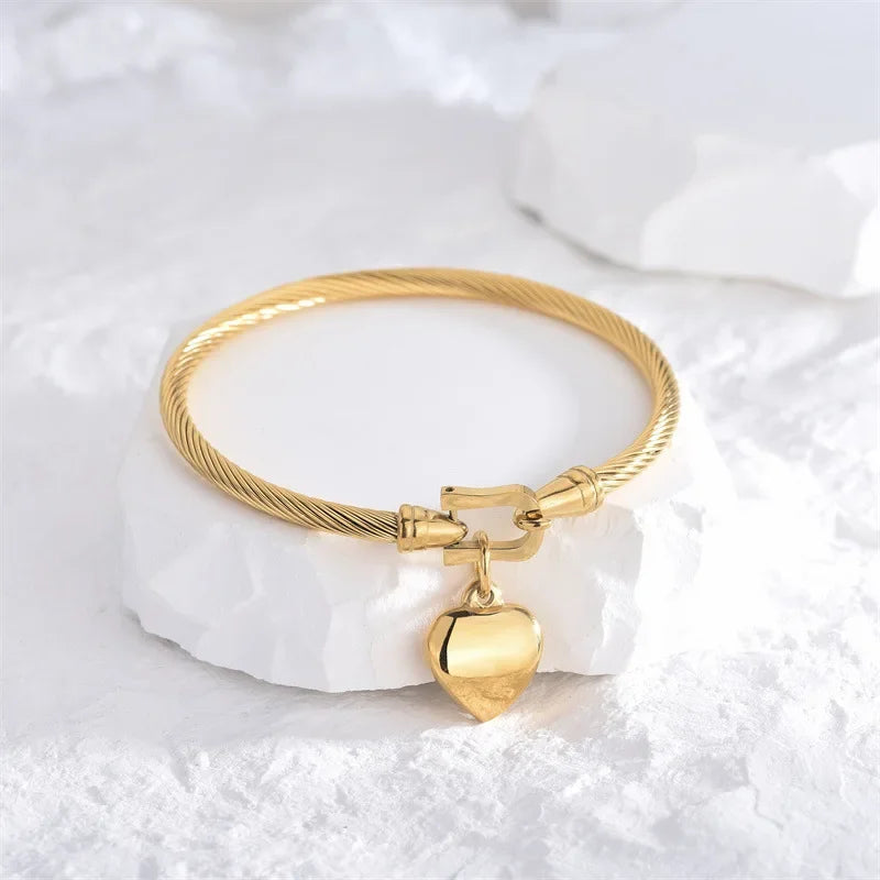 Gold Color Stainless Steel Heart Pendant Charm Bangle Bracelets For Men Women Oasis Select