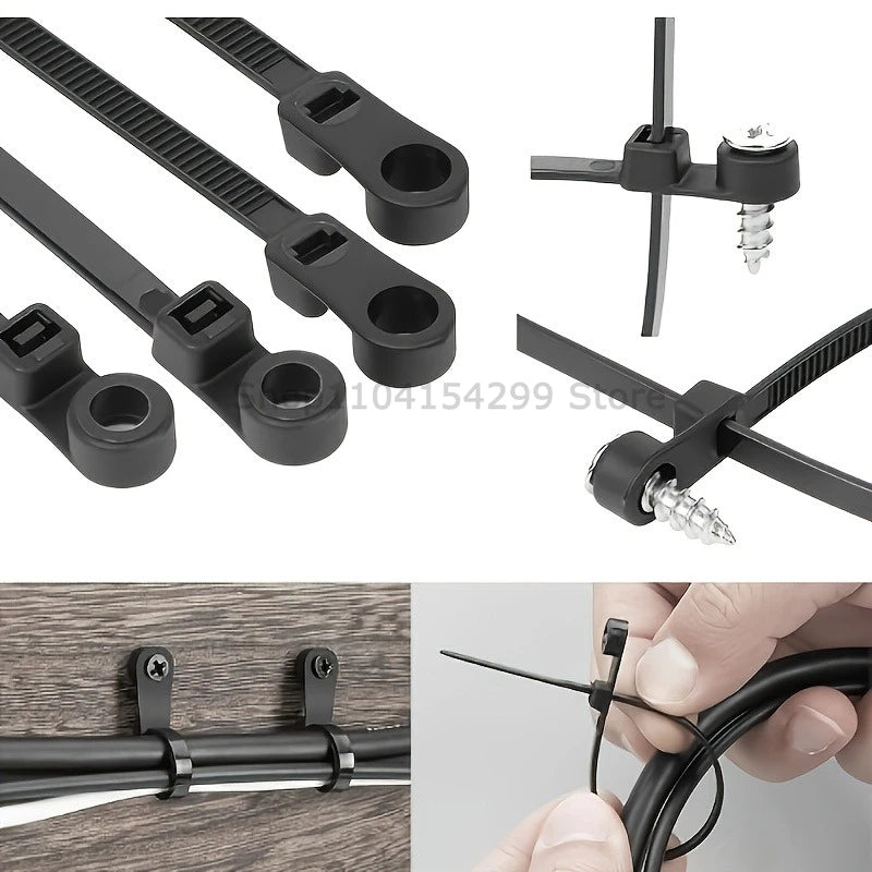 100pcs Nylon Cable Ties with Mounting Screw Hole Self Locking Loop Wraps Zipper Cables Tie Wire Fastening Straps Bundle Tool Oasis Select