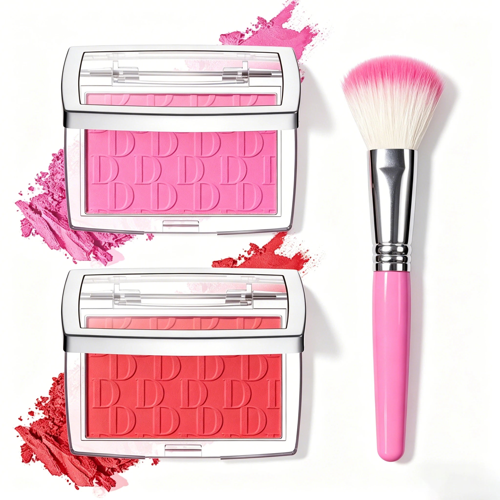 2pcs Matte Embossed Blush & Brush Long Lasting High Pigmented Multi-Purpose Blush Palette Pink Natural Color Rendering Cosmetics Oasis Select