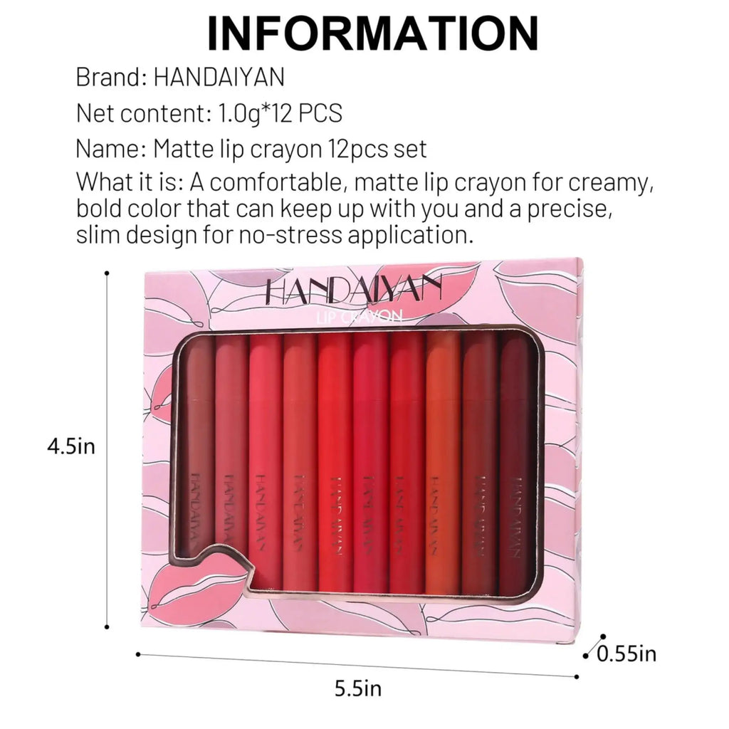 Handaiyan 12-Color Matte Lip Crayon Set – Waterproof, Long-Lasting