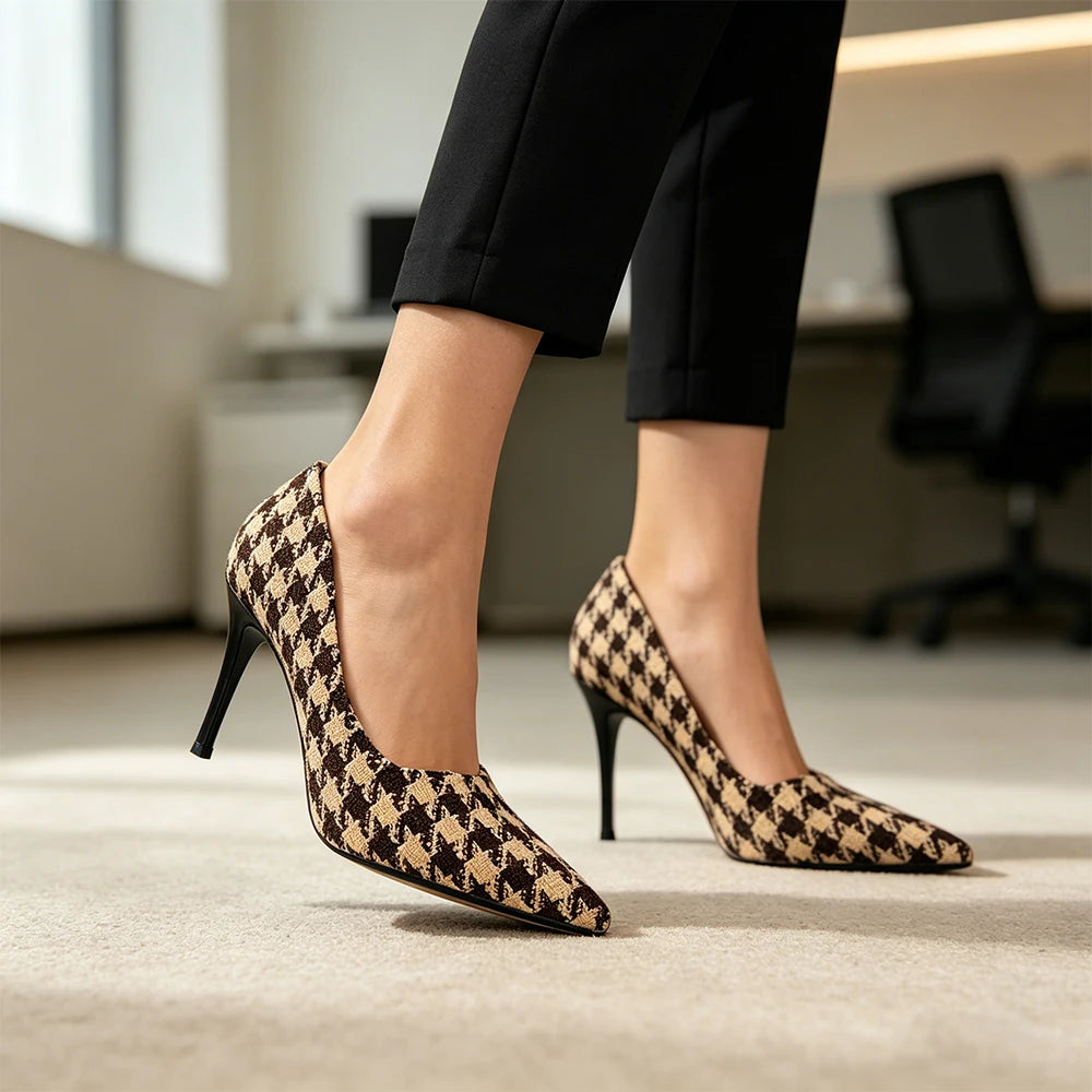 Women Vintage Coquette Houndstooth Heels 9cm Black Yellow Plaid Pointed Toe Pumps Office Party Shoes Non Slip Retro Fashion New Oasis Select