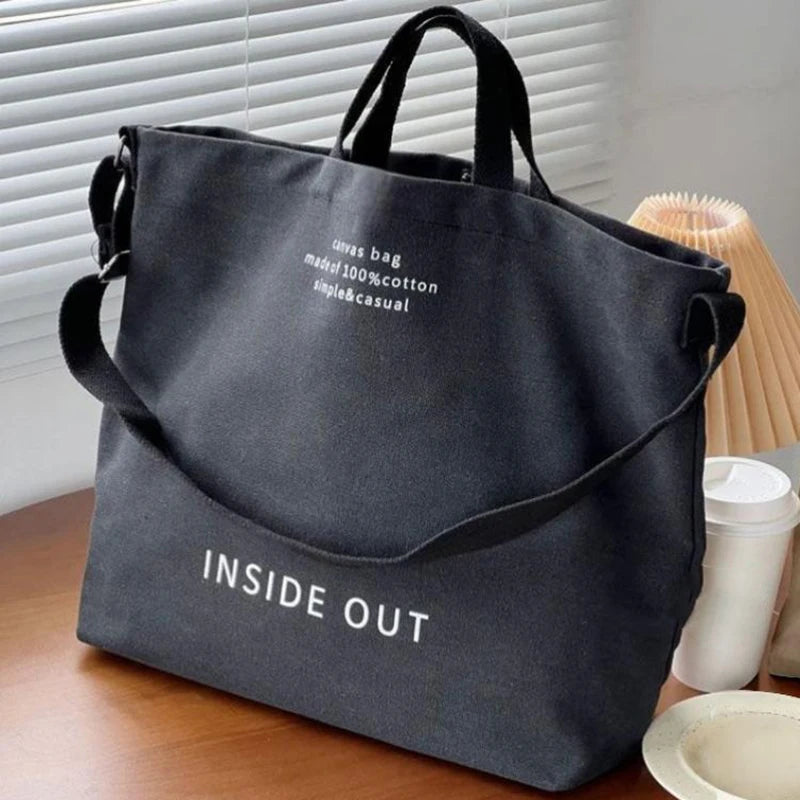 1Pcs Beige Canvas Tote Bag Adjustable Strap Large Capacity Shoulder Bag For School Commute Shopping Travel Oasis Select E