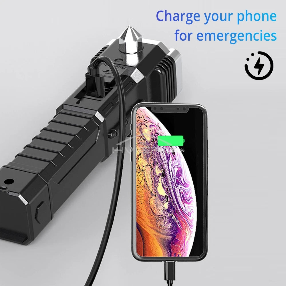 HVIERO COB LED Flashlight & Safety Hammer – USB Rechargeable