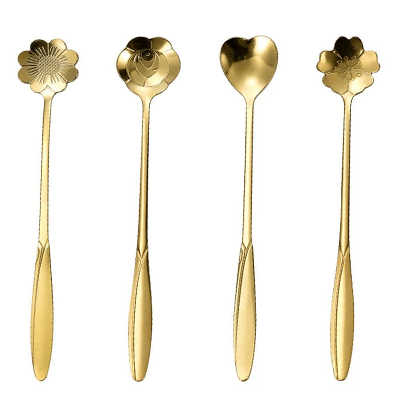 Stainless Steel Cherry Flower Gold Scoop Coffee Spoon Gift Kitchen Dessert Tea Replacement Tableware Decoration Set 13Cm Oasis Select Golden 13cm