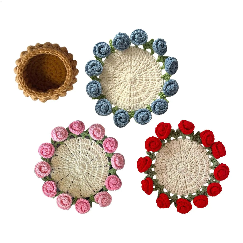 Knitting Coaster Handmade Knitting Romantic Coaster Aesthetic Soft Vintage Pad DIY Vintage Crochet Rose Bouquet Material Kit Oasis Select