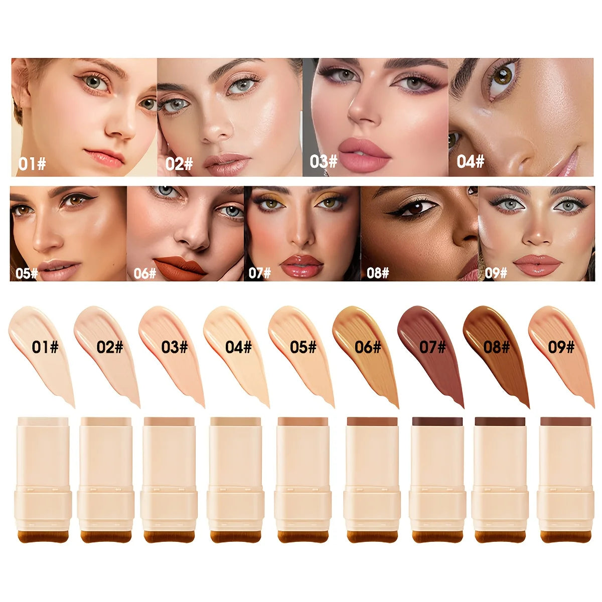 2-in-1 Concealer Eraser Dual-Head Foundation Stick with Brush Head Nine Colors European and American Waterproof Non-Caking Solid Foundation Cream 15G/Stick - 1 Stick Oasis Select