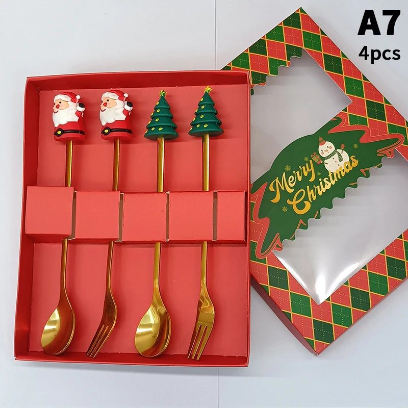 Stainless Steel Christmas Dessert Spoons Cake Forks Cartoon Tree Elk