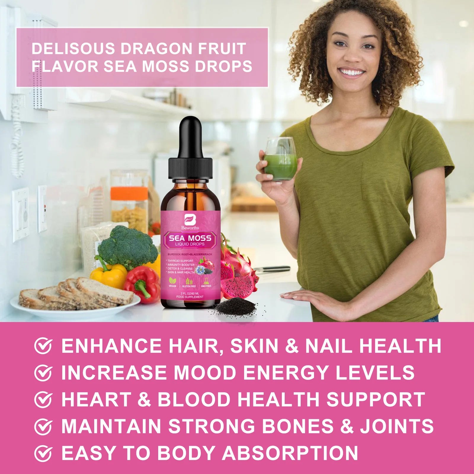 BEWORTHS 3000MG Seamoss Liquid Drop Organic Black Seed Oil & Burdock Root Bladder Enhance Immunity, Hair,Skin & Digestion Health Oasis Select