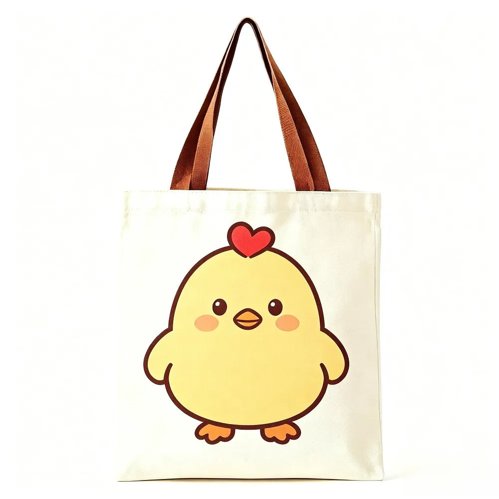 Cute Yellow Chick Red Heart Print Canvas Tote Bag Eco Reusable Shoulder Bag Grocery Daily Shopping Bag Oasis Select Brown