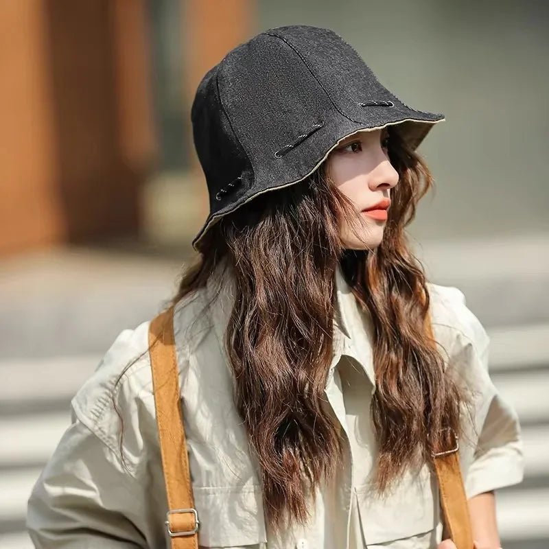 Women‘s Reversible Bucket Hat Spring Summer Double Sided Casual Sun Protection Visor Face Slimming Packable Travel Cap Oasis Select Black As shown